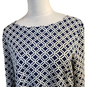 Talbots Womens XL Pima Cotton Geo Print Top Navy Blue & White Scallop Neck Shirt